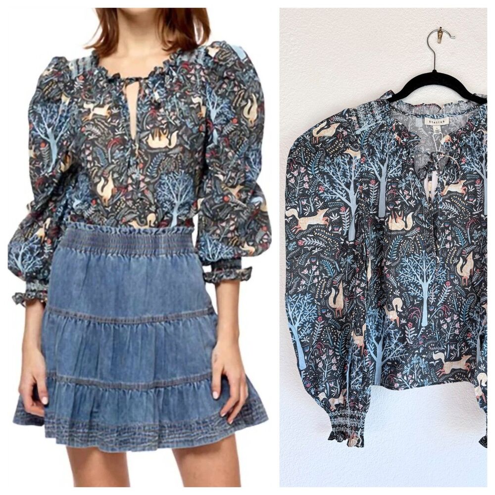 NWT Stellah NY Fox Winter Woodland Long Puff Sleeve 100% Cotton Blouse Sz Small